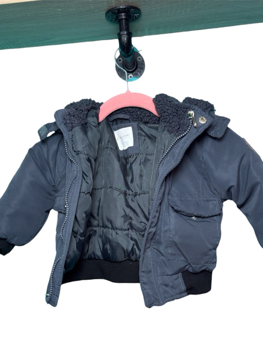 Tahari Boy 3T Puffer Bomber Jacket Sherpa Hood Gray Blue Winter Coat Toddler